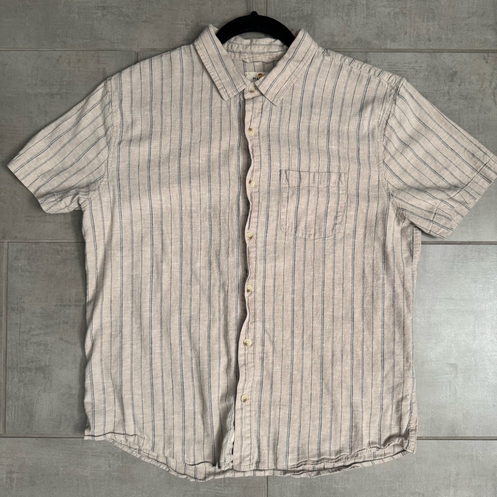 Marine Layer Hemp Blend Shirt Men’s Medium Tan Blue Stripe Short Sleeve